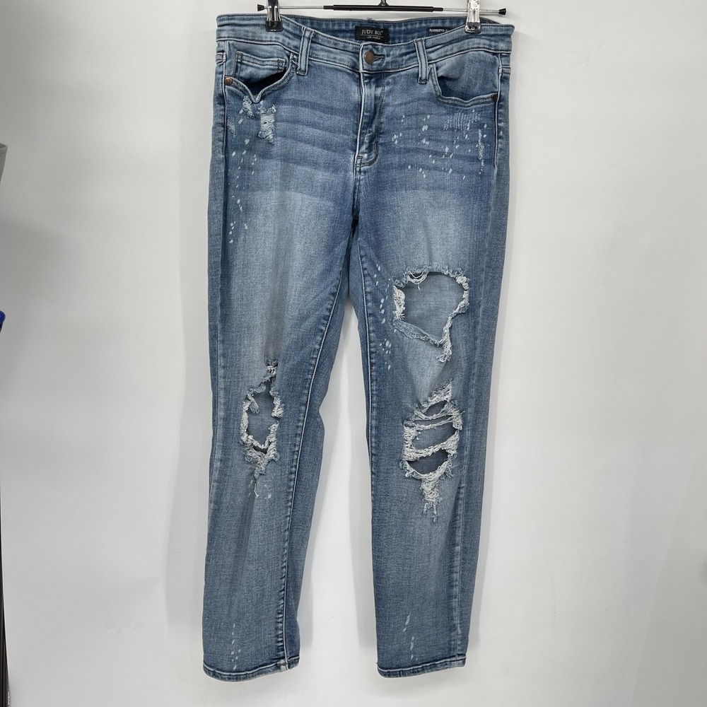 Judy Blue Boyfriend Fit Jeans Woman's 13/31 Distressed Bleach Splatter‎ Stretch